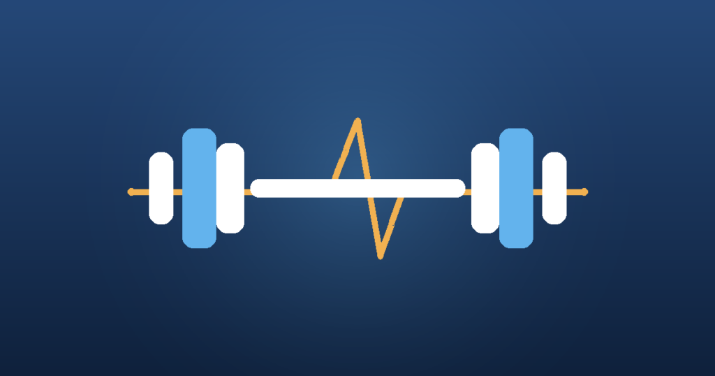 Dumbbell with an amber heartbeat line, representing strength training and cardio for fat loss