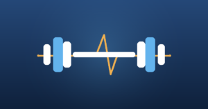 Dumbbell with an amber heartbeat line, representing strength training and cardio for fat loss